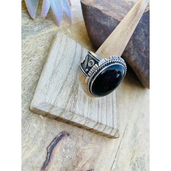 Navajo Sterling Silver & Black Onyx Ring Size 13.5 Signed